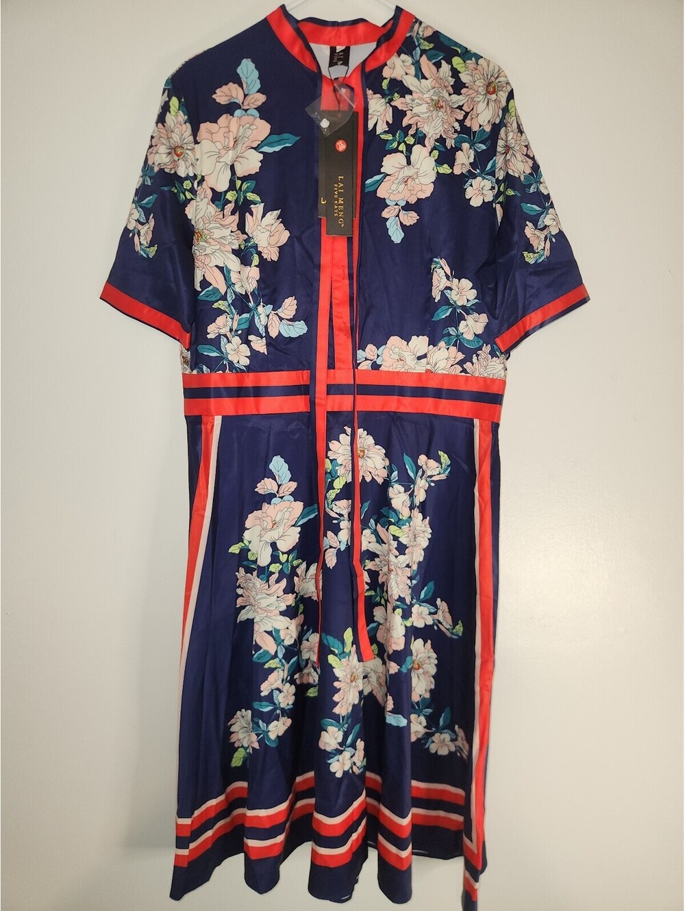 Navy Floral Short Sleeve Midi Dress with Red Trim